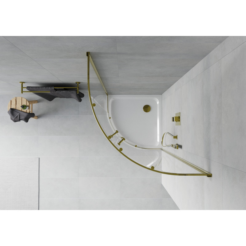 Mexen Rio dušo kabina pusapvalė 80 x 80 cm, skaidrus, auksinė + dušo padėklas Flat, baltas - 863-080-080-50-00-4110G