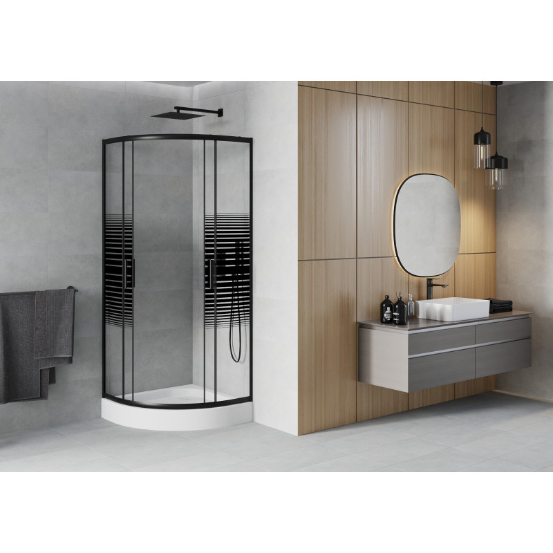 Mexen Rio pusapvalė dušo kabina 70 x 70 cm, juodos juostos, juoda + baltas padėklas - 863-070-070-70-20-4710