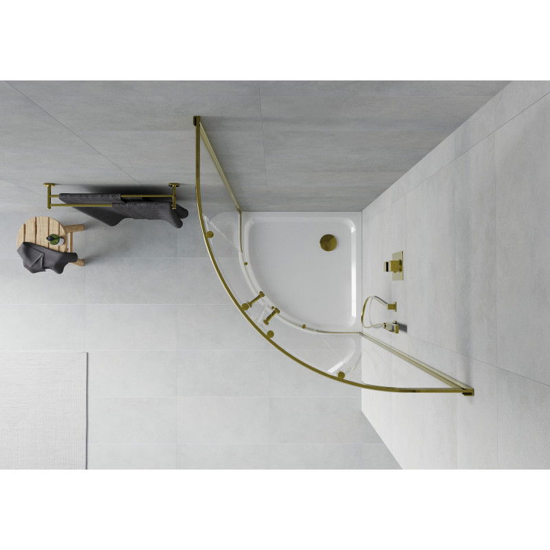 Mexen Rio pusapvalė dušo kabina 90 x 90 cm, skaidri, auksinė + plokščia dušo padėklas, baltas - 863-090-090-50-00-4110G