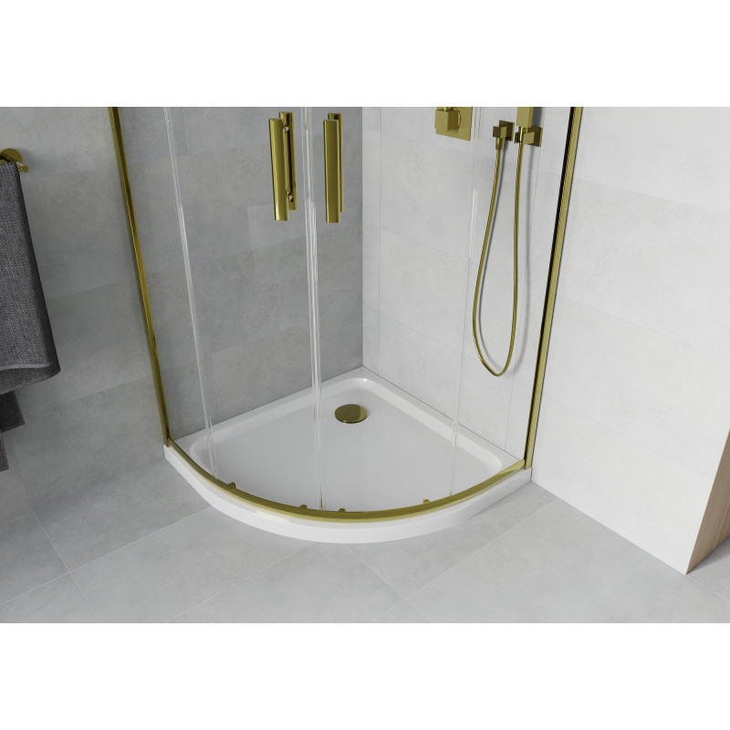 Mexen Rio pusapvalė dušo kabina 90 x 90 cm, permatoma, auksinė + Flat dušo padėklas, baltas - 863-090-090-50-00-4110G