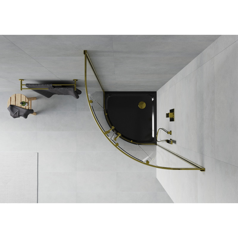 Mexen Rio pusapvalė dušo kabina 90 x 90 cm, skaidri, auksinė + juodas plokščias padėklas - 863-090-090-50-00-4170G