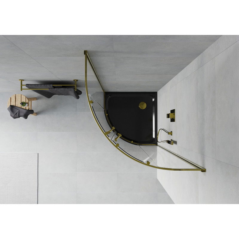 Mexen Rio pusapvalė dušo kabina 90 x 90 cm, skaidri, auksinė + plokščias padėklas, juodas - 863-090-090-50-00-4170G