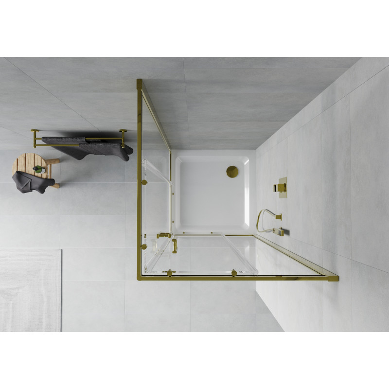 Mexen Rio stačiakampė dušo kabina 90 x 90 cm, skaidri, auksinė + Flat padėklas, baltas - 860-090-090-50-00-4010G