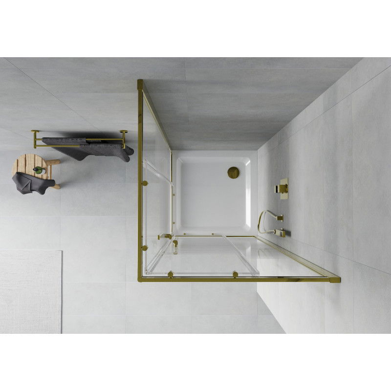 Mexen Rio kvadratinis dušo kabinas 80 x 80 cm, baltos juostos, auksas + plokščias padėklas, baltas - 860-080-080-50-20-4010G