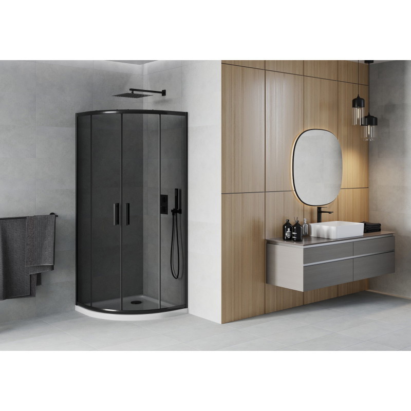 Mexen Rio pusapvalė dušo kabina 80 x 80 cm, grafitas, juoda + plokščias dušo padėklas, baltas - 863-080-080-70-40-4110B