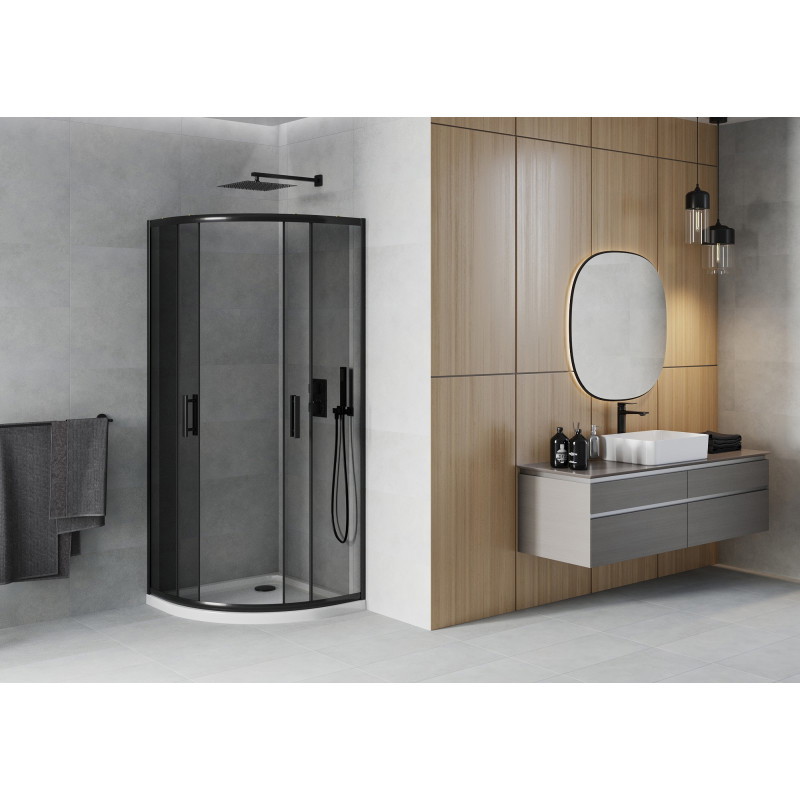 Mexen Rio dušo kabina pusapvalė 90 x 90 cm, grafitas, juoda + padėklas Flat, baltas - 863-090-090-70-40-4110B