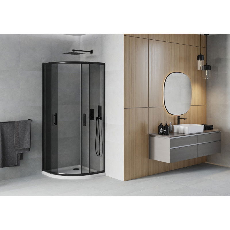 Mexen Rio pusapvalė dušo kabina 90 x 90 cm, grafitas, juoda + Flat padėklas, baltas - 863-090-090-70-40-4110B