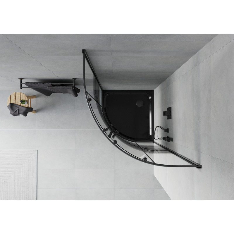 Mexen Rio pusapvalė dušo kabina 90 x 90 cm, juodos juostos, juoda + Flat dušo padėklas, juodas - 863-090-090-70-20-4170B