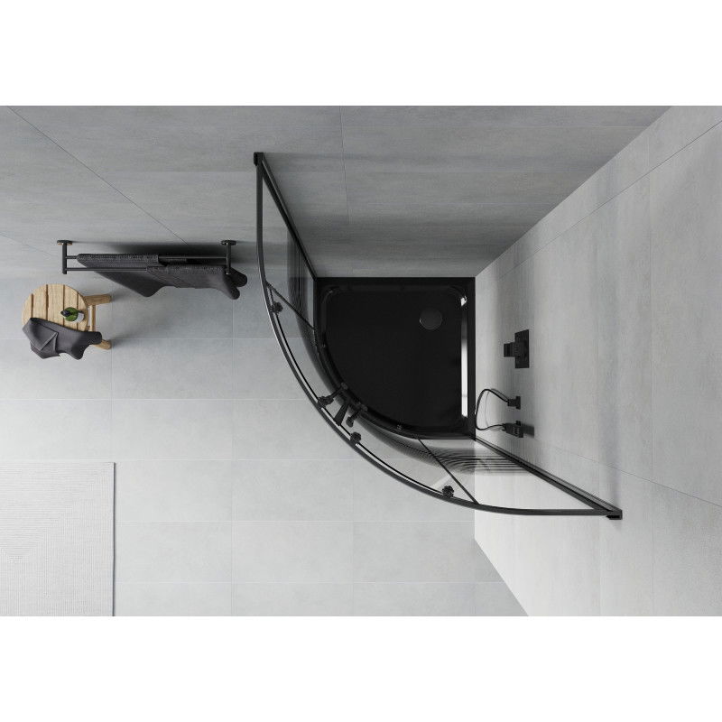 Mexen Rio pusiau apvali dušo kabina 90 x 90 cm, juodos juostos, juoda + Flat padėklas, juodas - 863-090-090-70-20-4170B