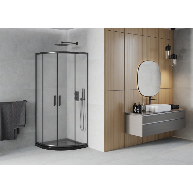 Mexen Rio pusiau apvalus dušo kabina 90 x 90 cm, matinė, juoda + Flat padėklas, juodas - 863-090-090-70-30-4170B