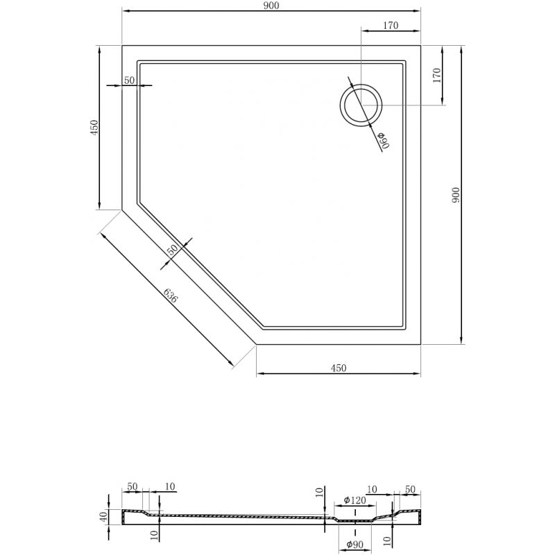 Mexen Flow penkiakampė plona dušo padėklė 90 x 90 cm, juodos matinės spalvos - 46P709090
