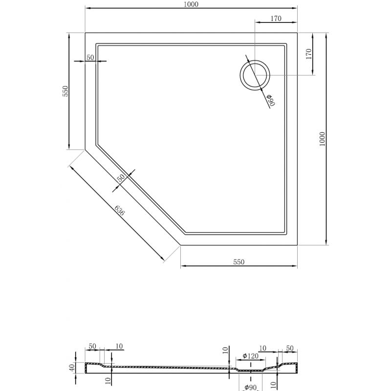 Mexen Flow pentagoninis plonas dušo padėklas 100 x 100 cm, juodas matinis - 46P701010