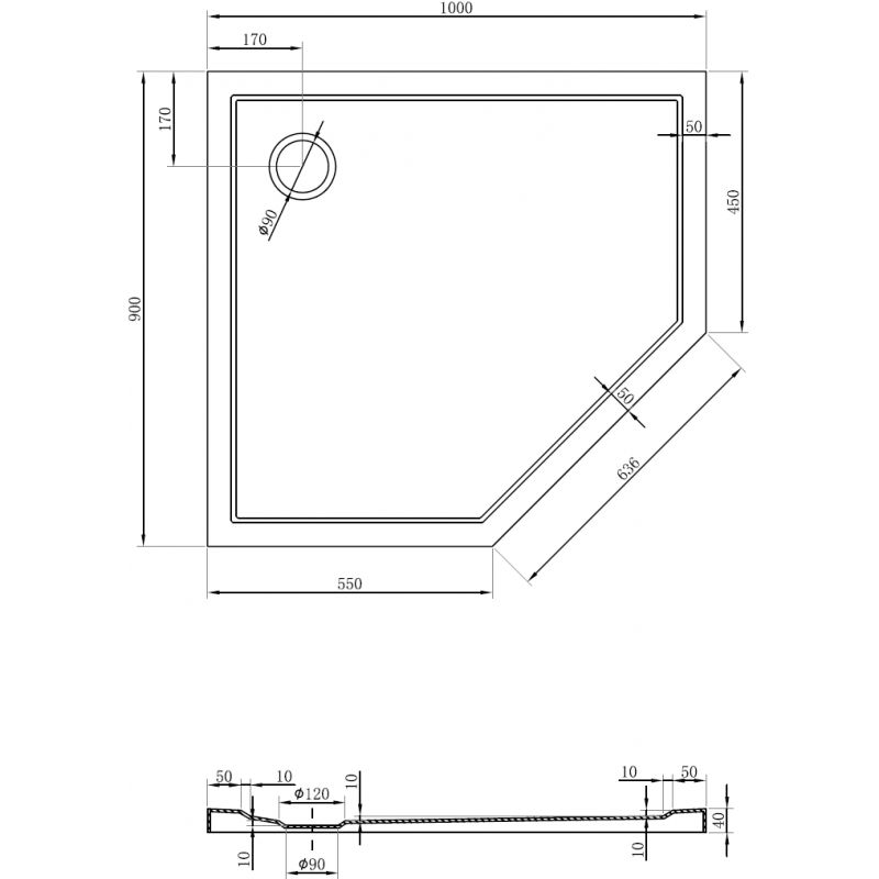 Mexen Flow penkiakampis padėklas plonas kairinis 100 x 90 cm, juodas matinis - 46P709010L