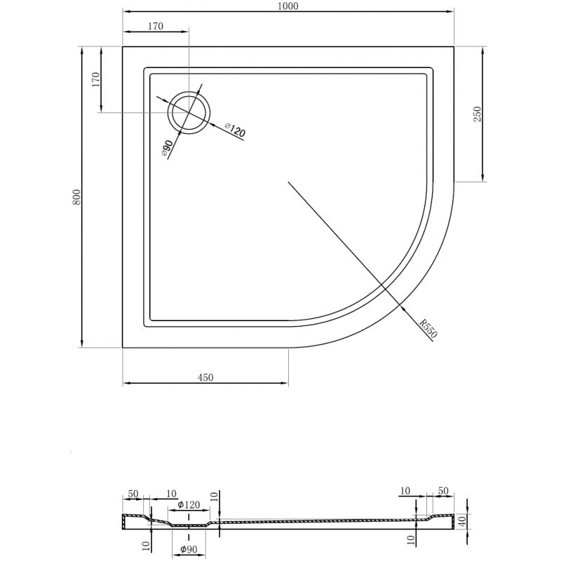 Mexen Flow pusiau apvalus asimetriškas plonas kairysis dušo padėklas 100 x 80 cm, baltas blizgus - 46Q108010L