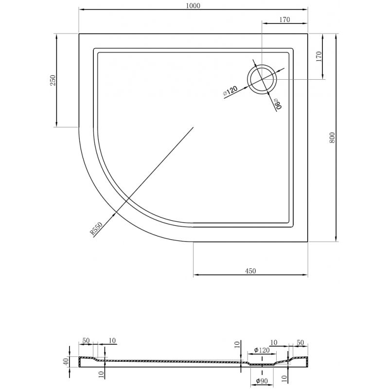 Mexen Flow pusapvalis asimetrinis plonas padėklas dešinysis 100 x 80 cm, balto blizgesio - 46Q108010R