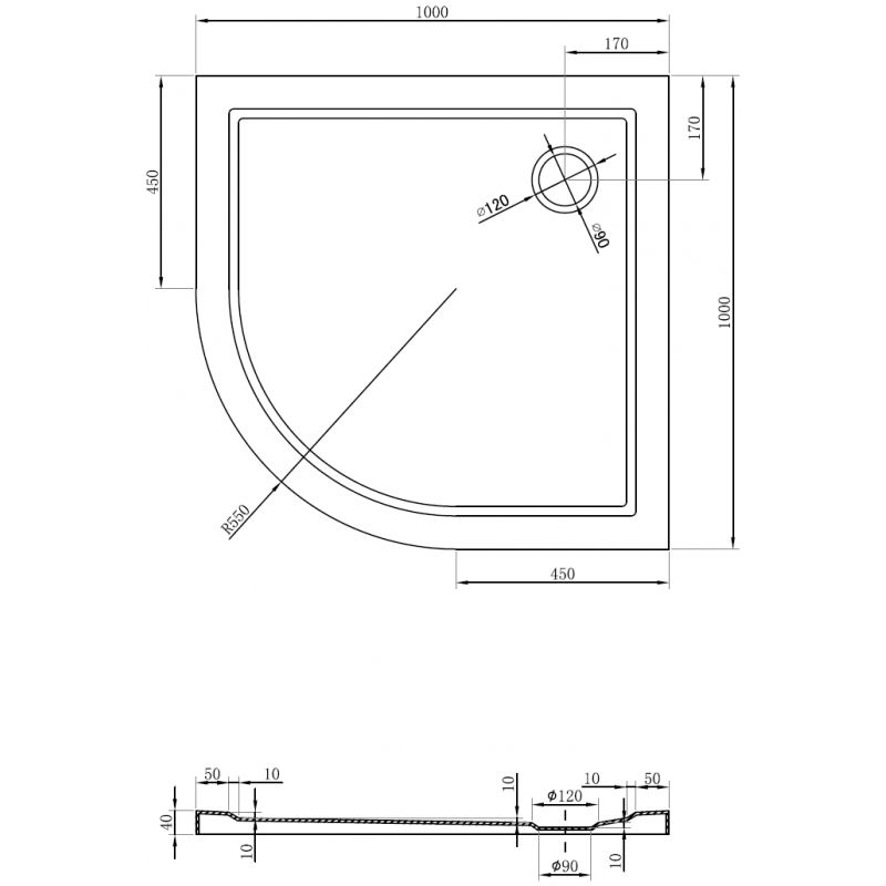 Mexen Flow pusapvalis plonas dušo padėklas 100 x 100 cm, juodas matinis - 46Q701010