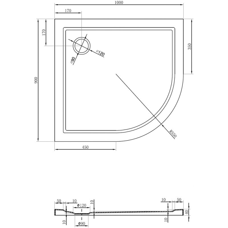 Mexen Flow pusapvalis asimetriškas plonas kairysis dušo padėklas 100 x 90 cm, juodas matinis - 46Q709010L