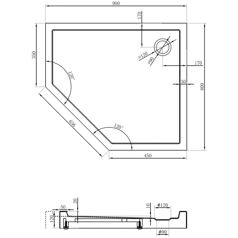 Mexen Flow+ dušo padėklas pentagonas dešinys 90 x 80 cm, baltas blizgesys - 46P108090RH
