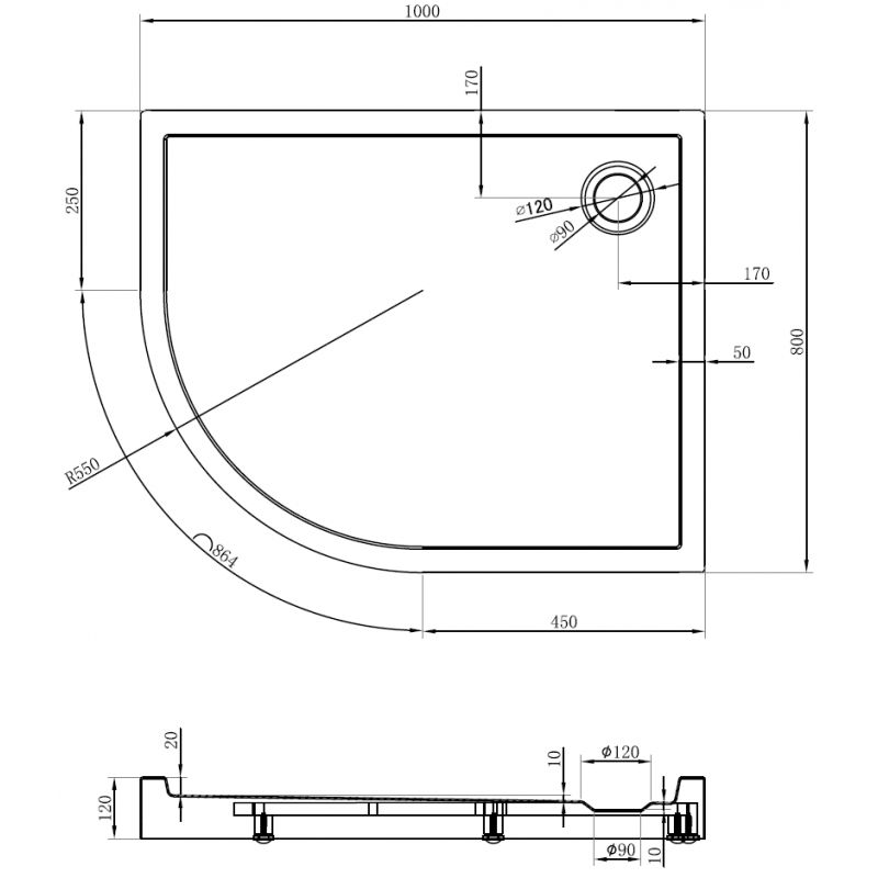 Mexen Flow+ pusiau apvalus asimetrinis dušo padėklas, dešinysis 100 x 80 cm, juodas matinis - 46Q708010RH