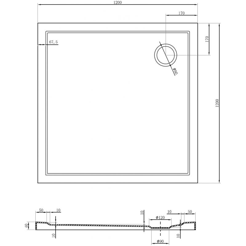 Mexen Flow kvadratinis plokščias dušo padėklas 120 x 120 cm, juodas matinis - 46S701212