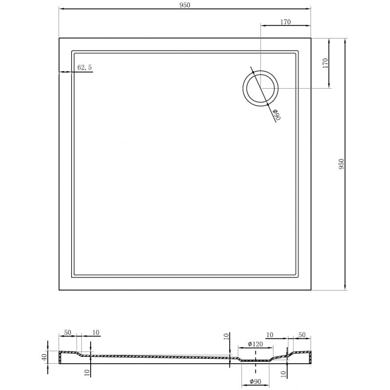 Mexen Flow kvadratinis slim dušo padėklas 95 x 95 cm, juoda matinė - 46S709595