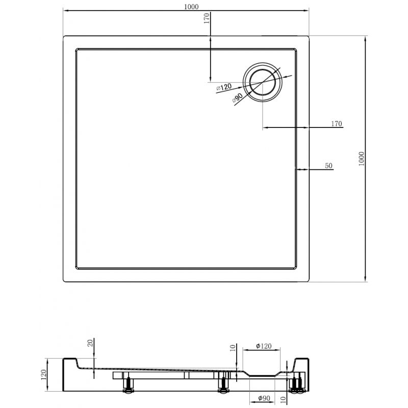 Mexen Flow+ dušo padėklas, kvadratinis, 100 x 100 cm, juodas matinis - 46S701010H