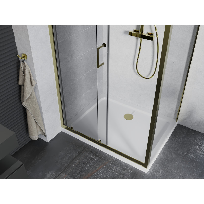 Mexen Apia 110 x 90 cm stumdomas dušo kabina, permatomas, auksinis + Flat padėklas, baltas - 840-110-090-50-00-4010G