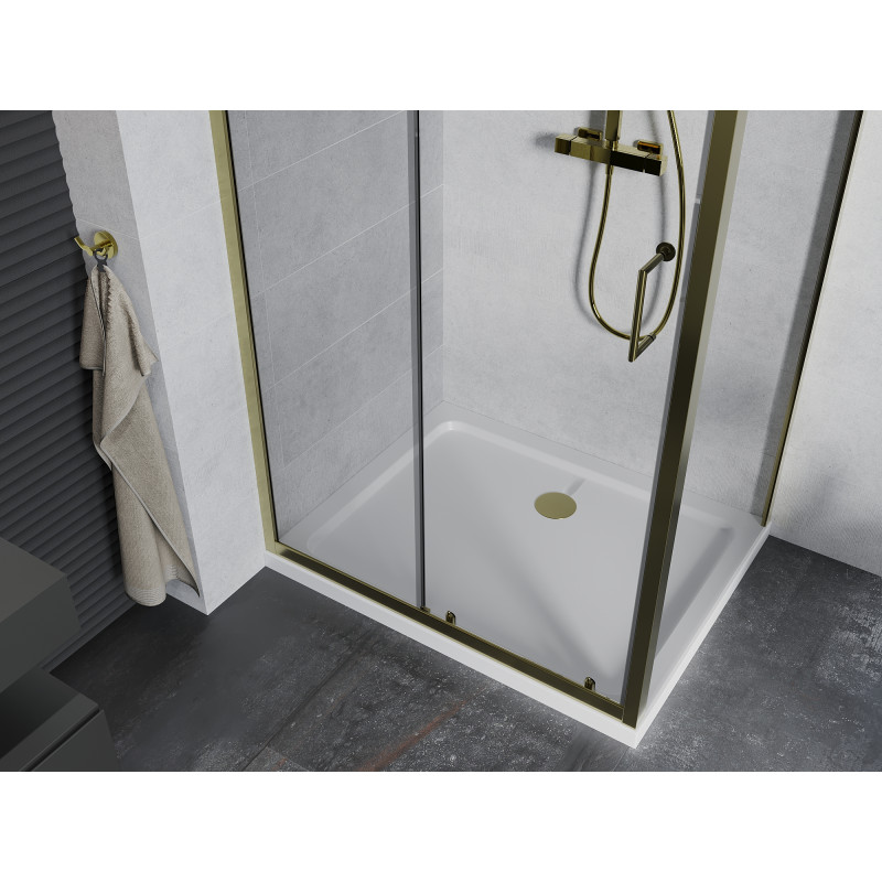 Mexen Apia stiklinė dušo kabina 120 x 70 cm, skaidri, auksinė + Flat padėklas, baltas - 840-120-070-50-00-4010G