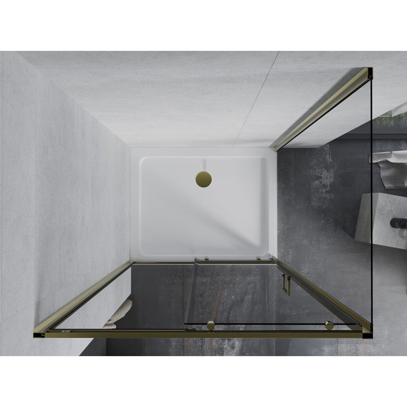 Mexen Apia 130 x 80 cm stumdomoji dušo kabina, skaidri, auksinė + Flat padėklas, baltas - 840-130-080-50-00-4010G