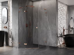 Mexen Lunar L pentagoninė kairioji atveriama dušo kabina 80 x 90 cm, skaidri, rožinio aukso - 831L-080L-090P-60-00-L