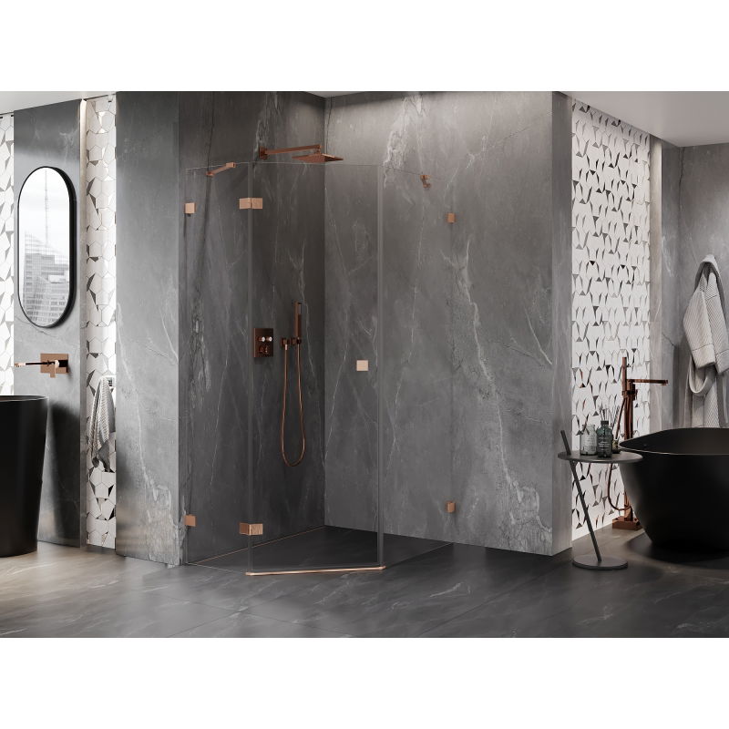 Mexen Lunar penkiakampė pakreipiama kairė dušo kabina 80 x 90 cm, permatoma, šlifuota varinė - 831-080L-090P-65-00-L