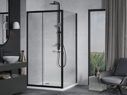 Mexen Apia stumdoma dušo kabina 90 x 90 cm, Skaidrus, Juoda + dušo padėklas Flat, Balta- 840-090-090-70-00-4010B