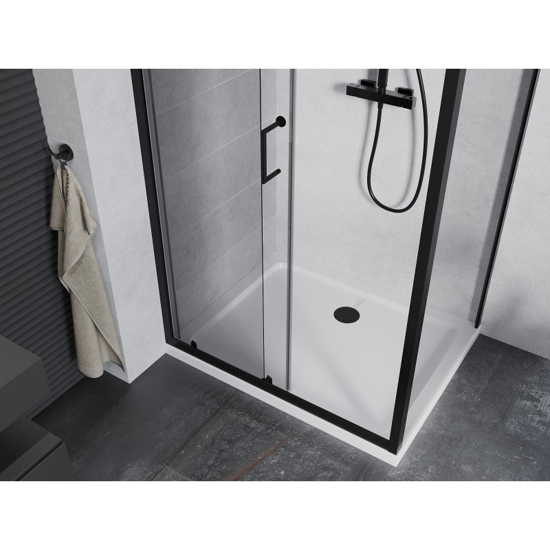 Mexen Apia stumdomas dušo kabina 140 x 70 cm, permatomas, juoda + padėklas Flat, baltas - 840-140-070-70-00-4010B
