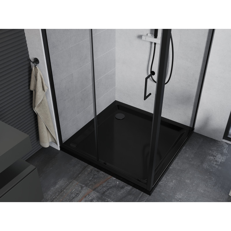 Mexen Apia stumdomas dušo kabinas 90 x 90 cm, permatomas, juodas + Flat dušo padėklas, juodas - 840-090-090-70-00-4070B