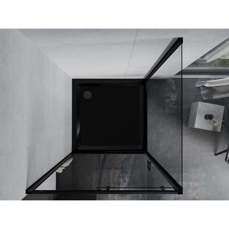Mexen Apia stumdomas dušo kabinas 90 x 90 cm, permatomas, juodas + Flat dušo padėklas, juodas - 840-090-090-70-00-4070B