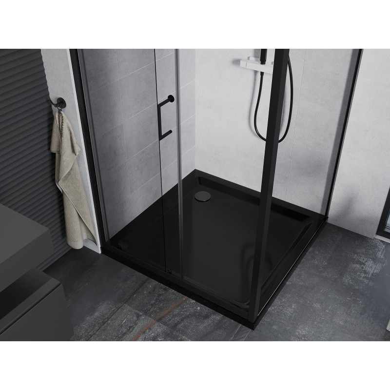 Mexen Apia stumdomas dušo kabinas 90 x 90 cm, permatomas, juodas + Flat dušo padėklas, juodas - 840-090-090-70-00-4070B