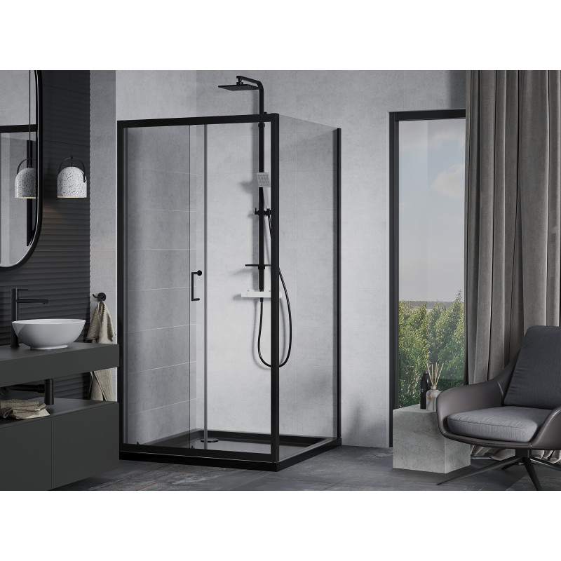 Mexen Apia stumdomas dušo kabinas 90 x 90 cm, permatomas, juodas + Flat dušo padėklas, juodas - 840-090-090-70-00-4070B
