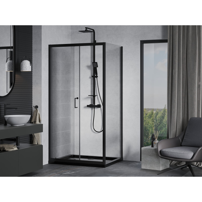 Mexen Apia stumdoma dušo kabina 100 x 90 cm, skaidri, juoda + dušo padėklas Flat, juodas - 840-100-090-70-00-4070B