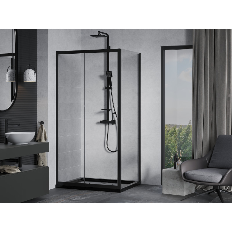 Mexen Apia stumdoma dušo kabina 100 x 90 cm, skaidri, juoda + dušo padėklas Flat, juodas - 840-100-090-70-00-4070B