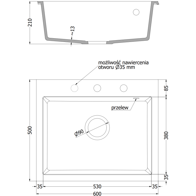 Mexen Elix granito plautuvė 1-ą kamerų 600 x 500 mm, balta, juodas sifonas - 6525601005-20-B