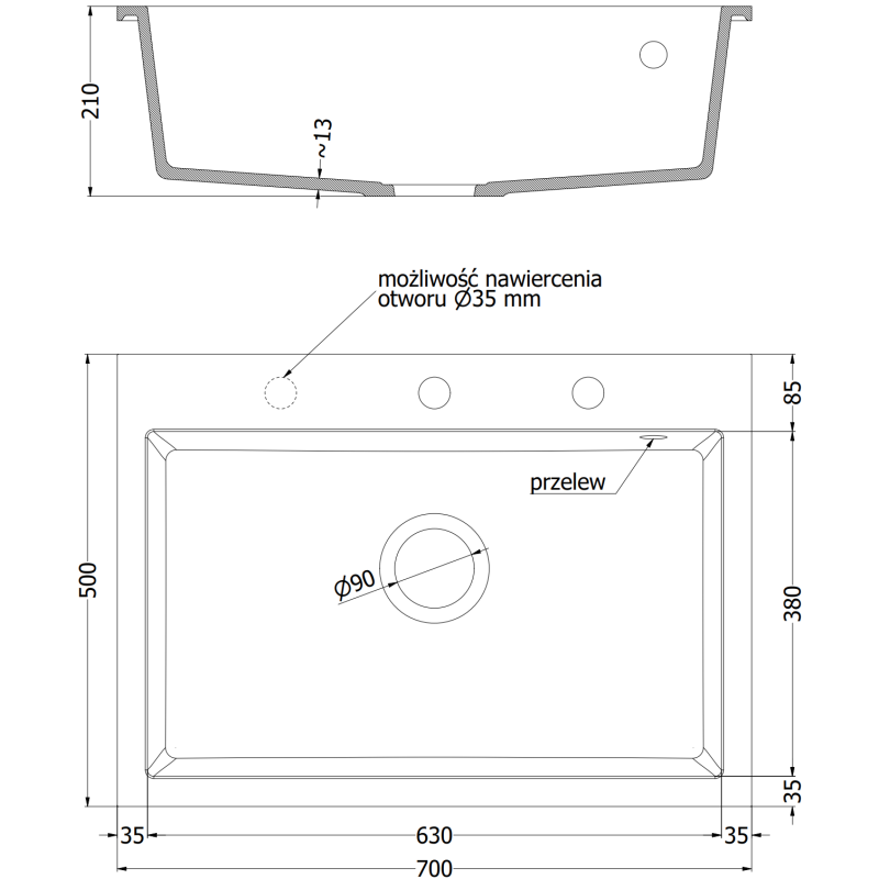 Mexen Elix granitinė vienaaukštė kriauklė 700 x 500 mm, smėlio spalvos, juodas sifonas - 6526701005-69-B