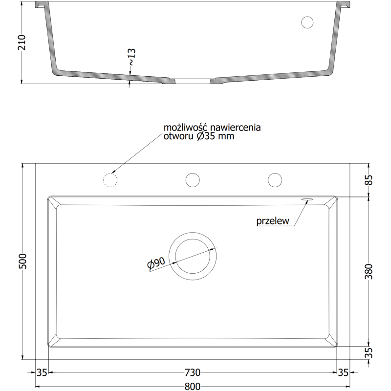 Mexen Elix granitinė plautuvė 1 skyrius 800 x 500 mm, pilka, juodas sifonas - 6527801005-71-B