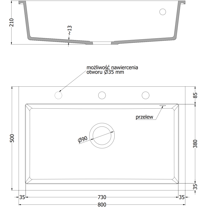 Mexen Elix granitinė plautuvė, 1 skyrius, 800 x 500 mm, juoda taškuota, juodas sifonas - 6527801005-76-B