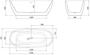 Mexen Luvo Slim laisvai stovinti vonia 170 x 75 cm, balta, perpylimas pilkai šlifuotas - 52801707500-66