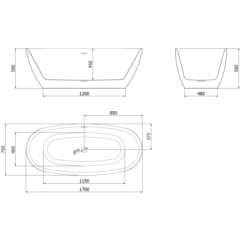 Mexen Luvo Slim laisvai stovinti vonia 170 x 75 cm, balta/juoda, šlifavimo perplauka - 52801707575-55