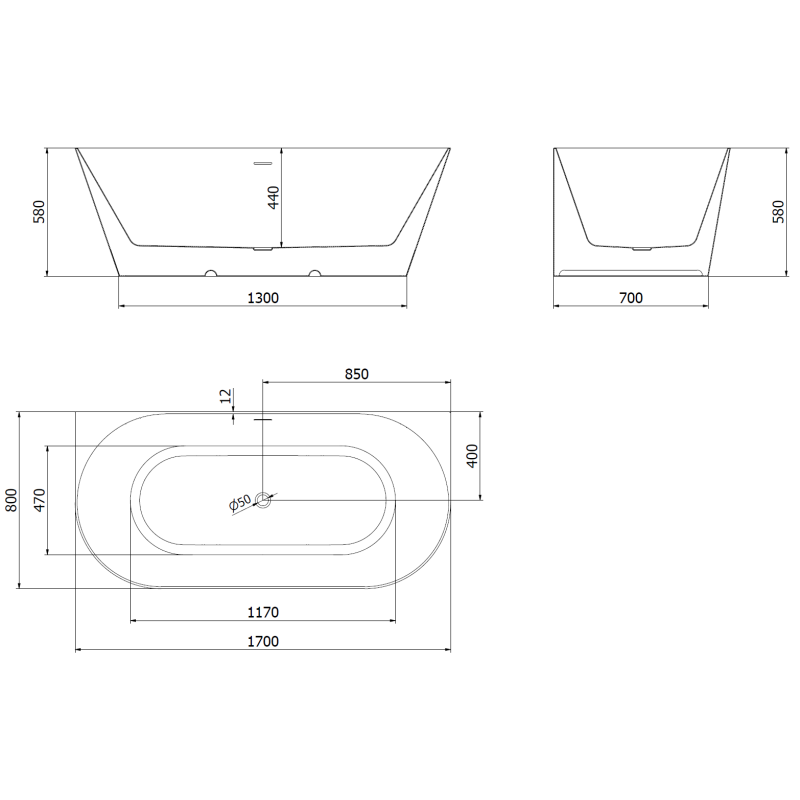 Mexen Oval Slim laisvai stovinti prie sienos 170 x 80 cm, balta/pilka, matinis nikelis - 52661708062-97