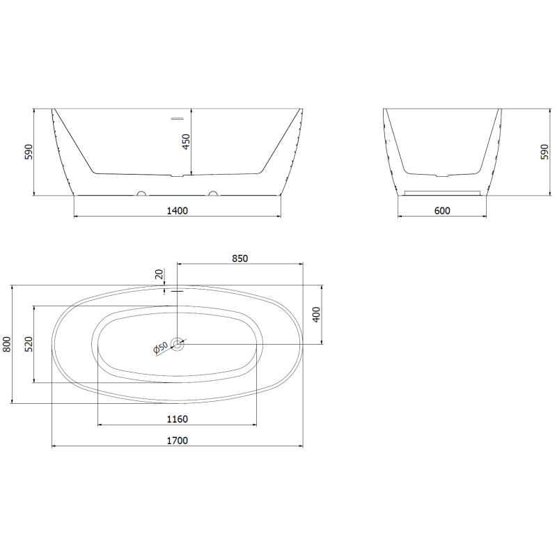 Mexen Olea laisvai pastatoma vonia modelis 170 x 80 cm, balta, šlifuotas nikelis - 52821708000-97