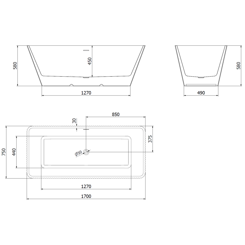 Mexen Tava laisvai pastatoma vonia su grioveliais 170 x 75 cm, balta/juoda, matinis varinis perpildymas - 52851707575-65