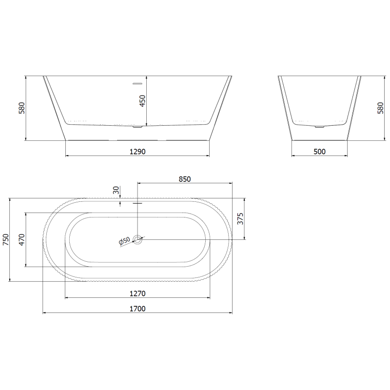 Mexen Yara laisvai pastatoma vagna su rifliuotu paviršiumi 170 x 75 cm, balta, chromuotas persipylimas - 52861707500-01