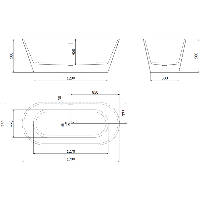 Mexen Yara laisvai pastatoma vonia su grioveliais 170 x 75 cm, balta/juoda, perpylimas gun gray šlifuotas - 52861707575-66